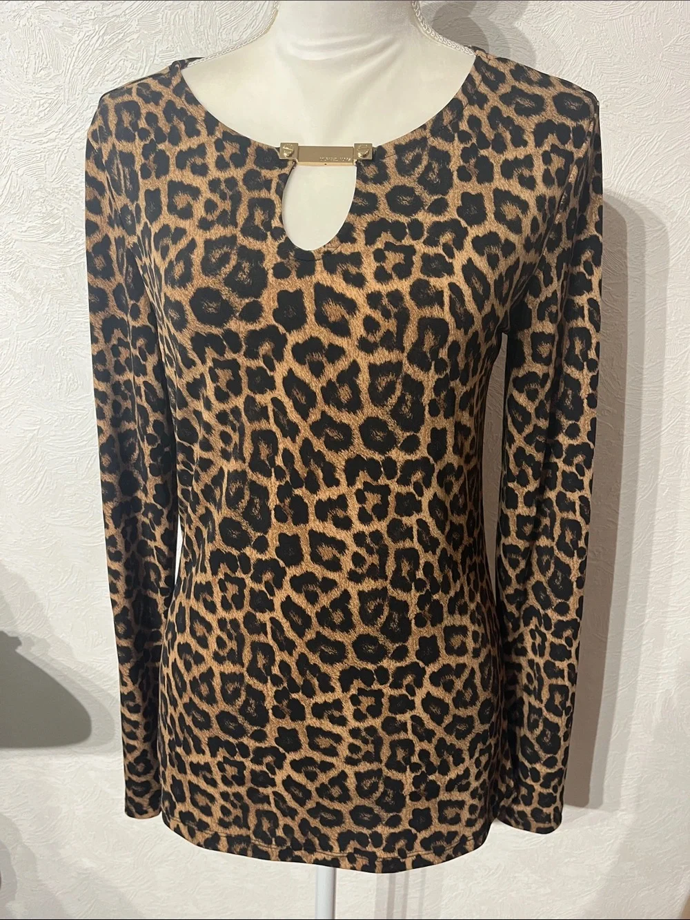 Michael Kors Leopard Print Long-Sleeve Tee with Keyhole